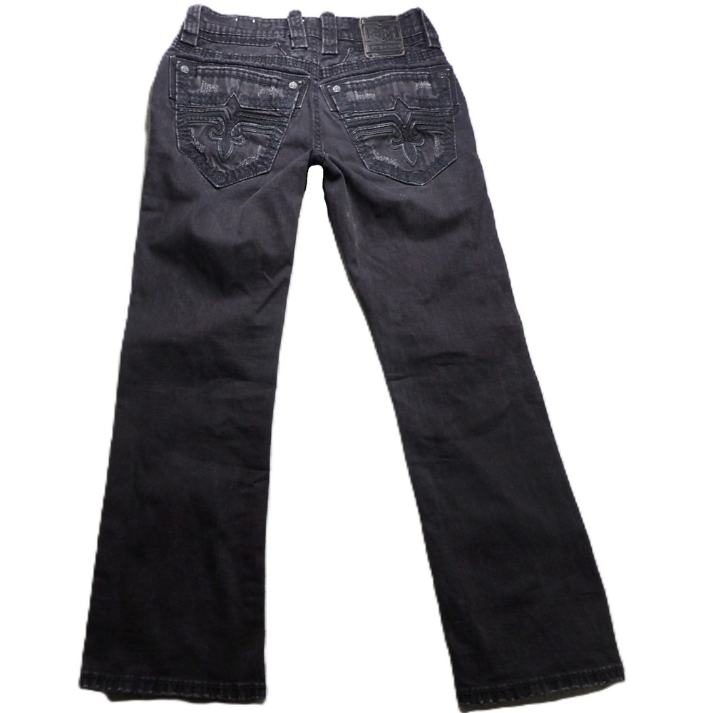 Rock Revival Santiago Bootcut Jeans Men 31 Black Gray Embroidered Fleur Western